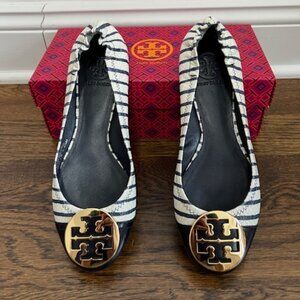 Tory Burch Reva/Serena 2 Navy Stripe Flats - Size 8.5
